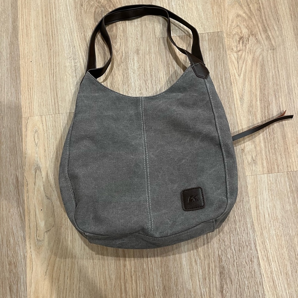 Canvas Hobo Bag in Gray with Leather Trim